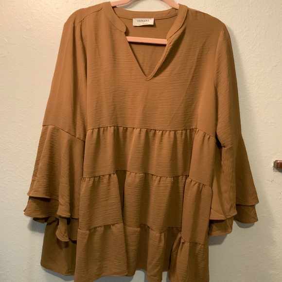 Zenana Outfitters Tops - Zenana Tan Ruffled Tunic Top with Flowy Sleeves Large Boho